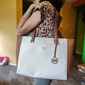Michael Kors White and Tan Tote Bag with Signature Charm
